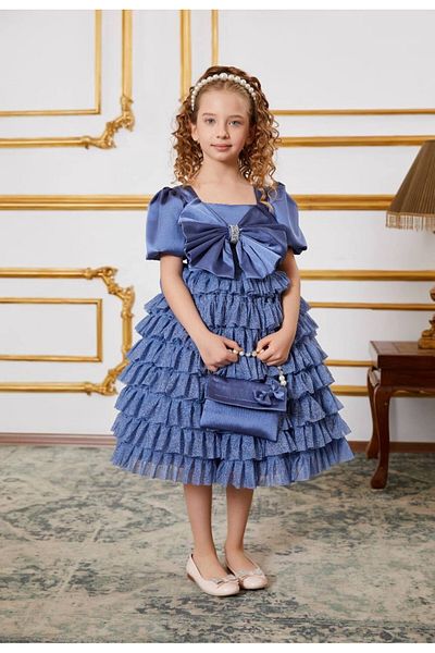 PİXİNADELUXE Dark Blue Girl's Evening Dress with Bow and Layered Tulle Skirt Design on the Front and Back