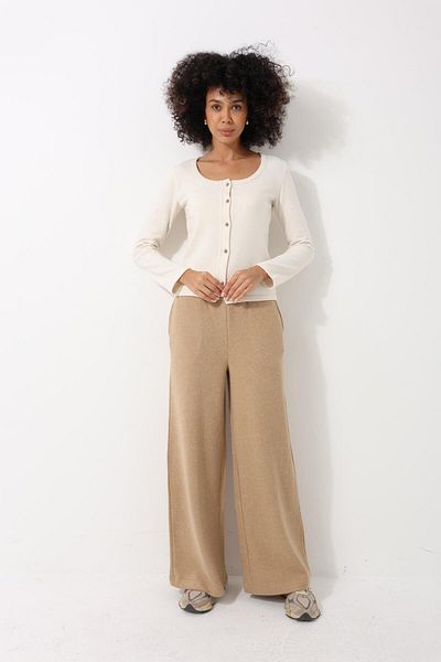 AMİDA Camel High Waist Thessaloniki Fabric Soft Women's Wide Leg Trousers - 2439
