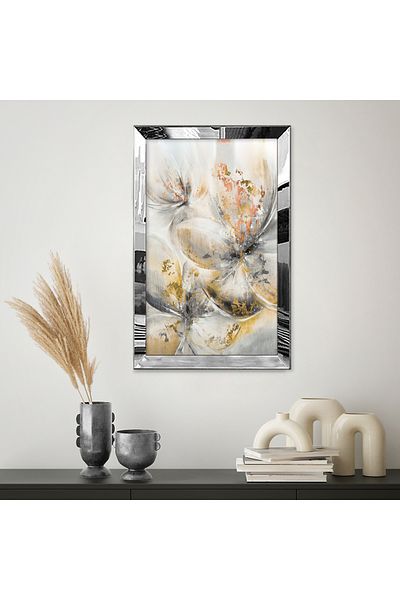 Zevahir Mobilya Dekorasyon Tablou MDF cu desen abstract floral elegant, alb, maro, gri, minimalist, cu cadru din plexiglas cu oglindă argintie