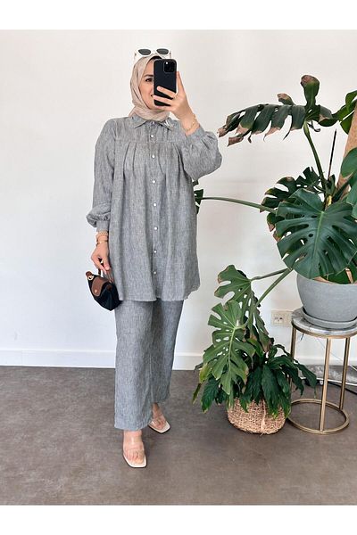ASEL FASHİON Gray Set - 100% Cotton Linen Robe