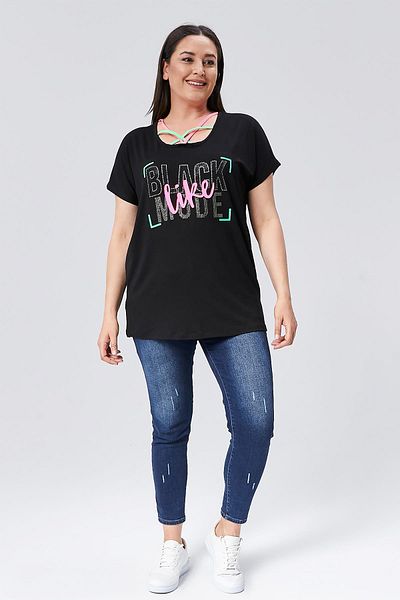 Ebsumu Plus Size Neon Stone Patterned Black Women's Blouse