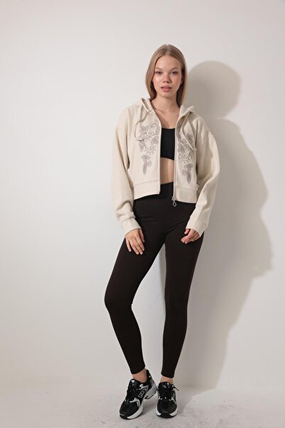 AMİDA Ekru Önü Nakış İşlemeli Fermuarlı Kapüşonlu Selanik Hırka - 2434