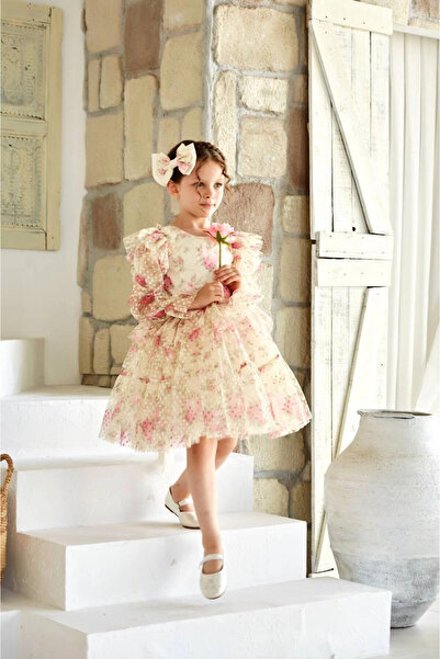 PİXİNADELUXE فستان سهرة بناتي بأكمام طويلة من التول الوردي