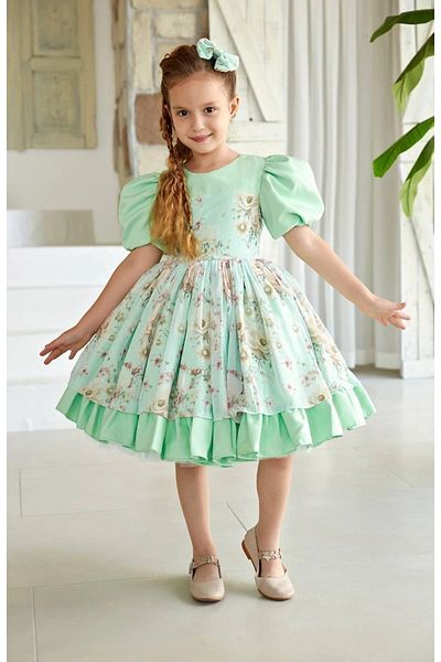 PİXİNADELUXE Green Flower Patterned Balloon Sleeve Girl's Evening Dress