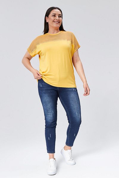 Ebsumu Κίτρινη Plus Size Διχτυωτή Λεπτομερής Γυναικεία Μπλούζα