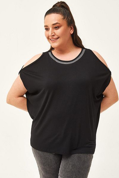 Ebsumu Women's Large Size Collar Stone Detailed Shoulder Low-cut Black Blouse