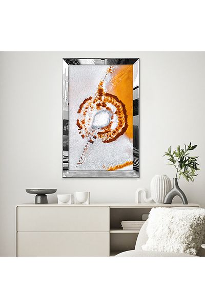 Zevahir Mobilya Dekorasyon Combinație de alb și portocaliu cu cadru din plexiglas cu oglindă argintie, desen abstract, pictură unică MDF