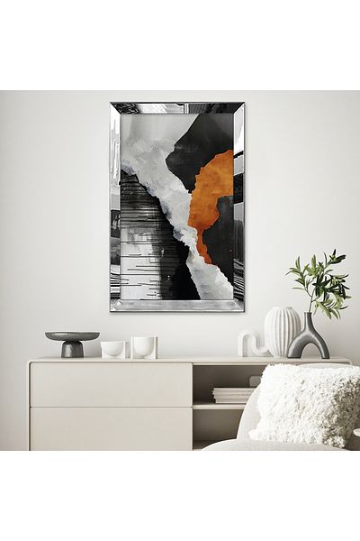 Zevahir Mobilya Dekorasyon Pictură abstractă unică MDF cu model portocaliu și negru, cu cadru din plexiglas cu oglindă argintie