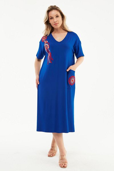 Ebsumu Κεντημένο Μπλε Πλεκτό Φόρεμα Plus Size