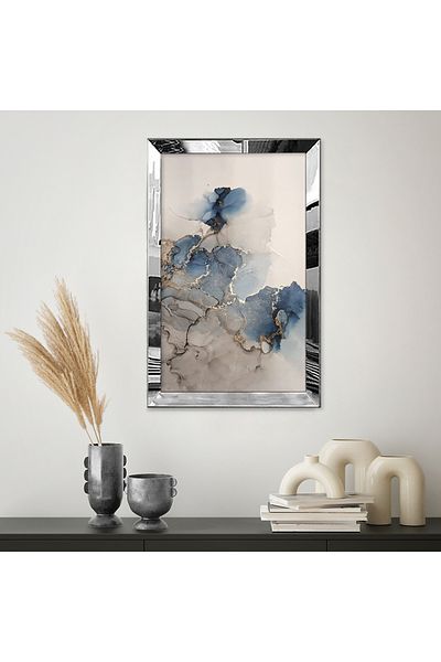 Zevahir Mobilya Dekorasyon Pictură MDF cu desen abstract cu model de flori din marmură albastru maro modern cu cadru din plexiglas cu oglindă argintie