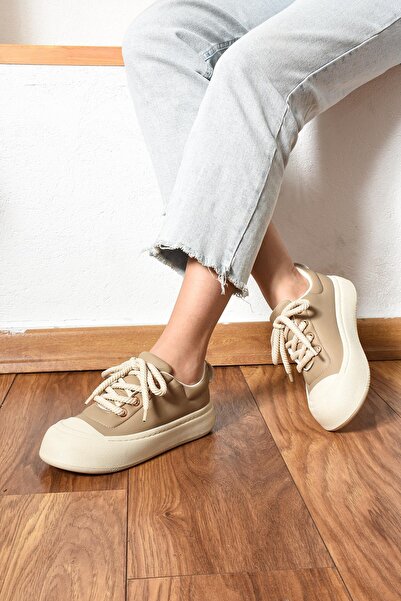 ShoeTek Pantofi sport Alyona pentru damă, cu șireturi, din piele bej-gri