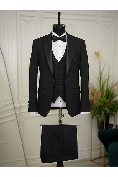LONATOLİA Italian Style Slim Fit Tuxedo Jacket - Groom Suit Swallow Collar, Black Vest and Pants