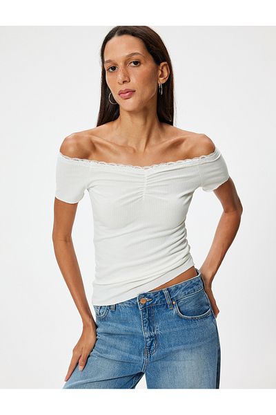Koton Madonna Collar Off-The-Shoulder T-Shirt Lace Detail Gathered Short Sleeve
