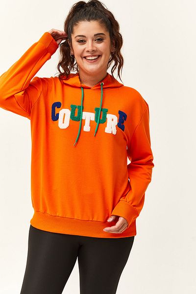 Ebsumu Large Size Couture Orange Written Sweatshirt
