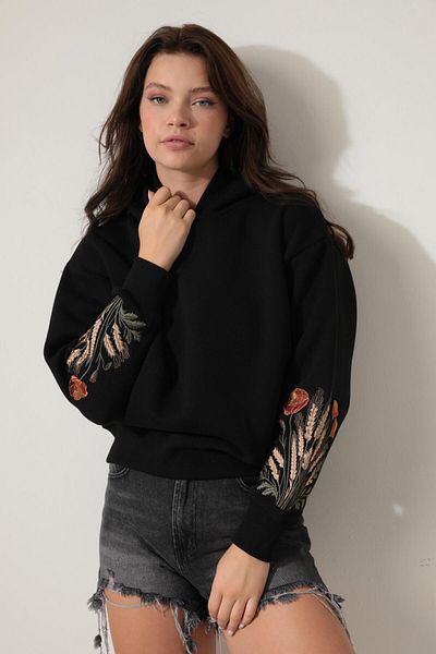 AMİDA Başak Embroidered Black Hooded Sweatshirt - 2428