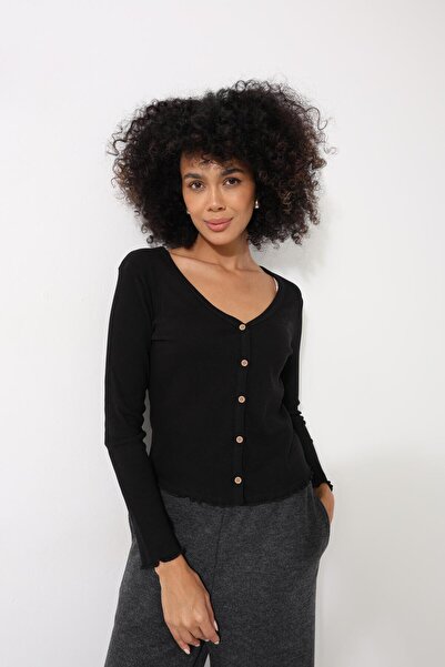 AMİDA Bluză cu mânecă lungă pentru femei, cu aspect cu nervuri negre, cu deco...