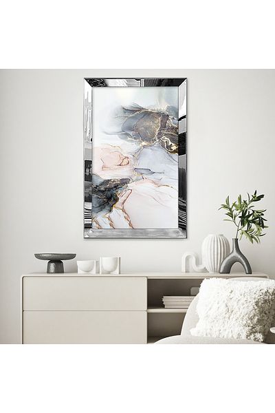 Zevahir Mobilya Dekorasyon Tablou unic MDF cu cadru din plexiglas cu oglindă argintie, alb, negru, aur, model de marmură, desen abstract