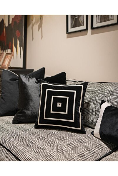 ref crea Kare Model Nakışlı Kırlent Kılıfı Siyah-ekru