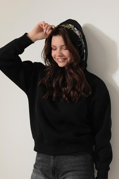 AMİDA Rose Branch Embroidered Black Hooded Sweatshirt - 2430
