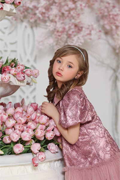 PİXİNADELUXE Yaka Taşlı Düğme Detaylı Payetli Güpürlü Çocuk Elbise