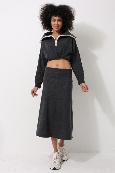 AMİDA Anthracite Thessaloniki Fabric Midi Length Women's Bell Skirt - 2440