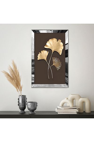 Zevahir Mobilya Dekorasyon Masa MDF simpla cu cadru din plexiglas cu oglinda argintie, maro minimalist, bej, galben auriu, cu desen de frunze