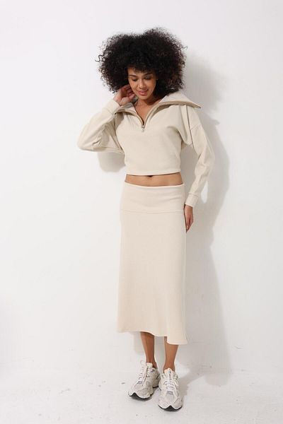 AMİDA Ecru Thessaloniki Fabric Midi Length Women's Bell Skirt - 2440