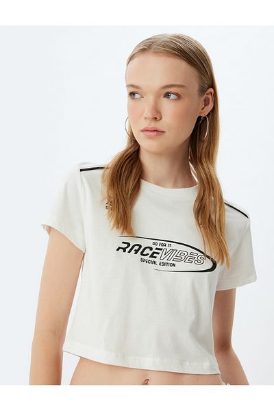 Koton Crew Neck Cotton Crop T-Shirt - Slogan Printed, Short Sleeve