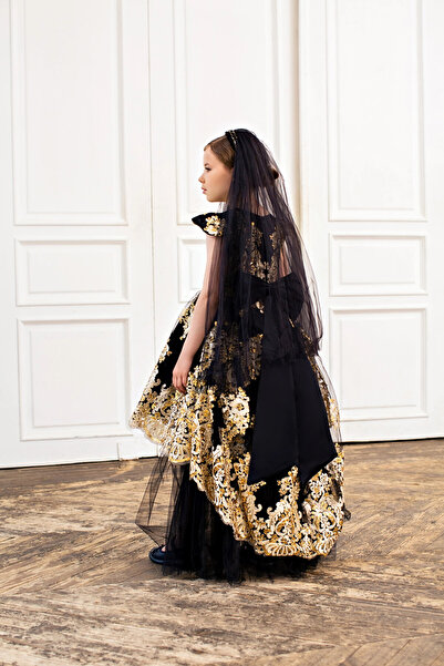 PİXİNADELUXE Siyah Küpürlü Önü Kısa Arkası Uzun Duvak Detaylı Kız Çocuk Abiye