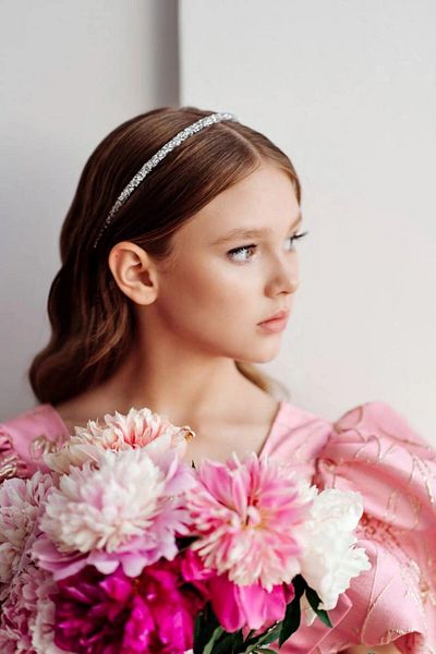 PİXİNADELUXE Pink Balloon Sleeves Girl's Evening Dress with Detailed Bag and Crown Accessories on the Front