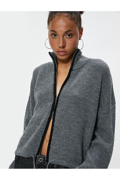 Koton Stand Collar Zippered Knitwear Cardigan - Lace Detailed