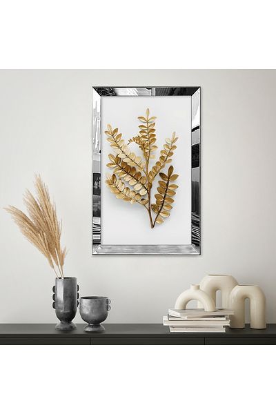Zevahir Mobilya Dekorasyon Masa MDF simpla cu cadru din plexiglas cu oglinda argintie, minimalist, alb, bej, galben auriu