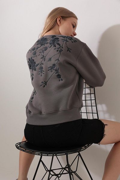 AMİDA Crew Neck Embroidered Rose - Anthracite Sweatshirt 2432
