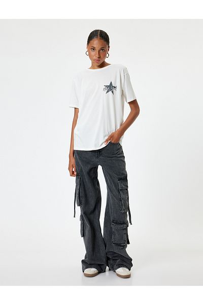 Koton Cotton Oversize T-Shirt - Crew Neck, Back Printed, Short Sleeve