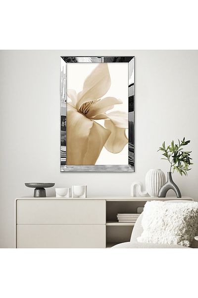 Zevahir Mobilya Dekorasyon Pictură unică MDF cu cadru din plexiglas cu oglindă argintie, modernă, elegantă, albă, galbenă, model de flori, desen abstract
