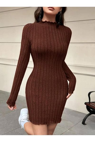 MEGOMEL Γυναικείο Stand Collar Trend Κοτλέ φόρεμα Lycra Βαμβακερό εποχιακό και χειμώνα