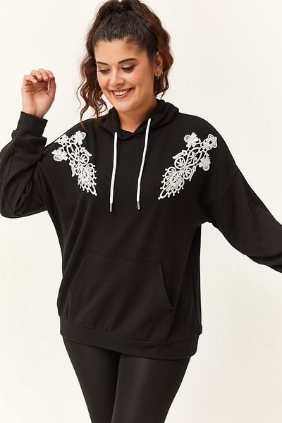 Ebsumu Women's Plus Size Ribbed Knitted Lace Detailed Black Sweatshirt