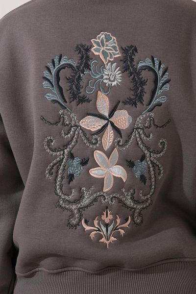 AMİDA Crew Neck Embroidered Sweatshirt - Anthracite, Ethnic Flower Pattern - 2438