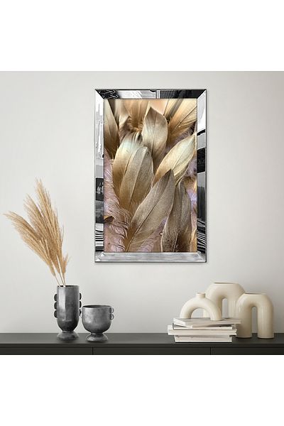 Zevahir Mobilya Dekorasyon Pictură unică MDF cu desen abstract din pene de pasăre aurii, cu cadru din plexiglas cu oglindă argintie