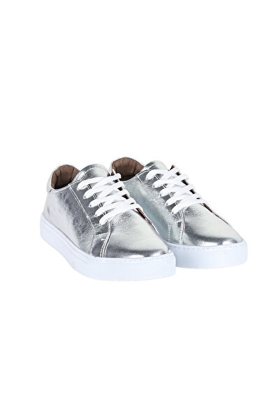 NOOSY Glass Broken Patterned Metallic Silver Genuine Leather Women's Sneakers