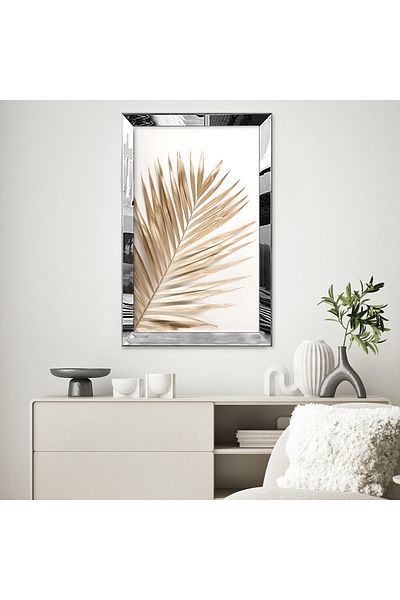 Zevahir Mobilya Dekorasyon Pictură MDF cu desen abstract cu model de palmier, aur alb, minimalist, cu cadru din plexiglas cu oglindă argintie
