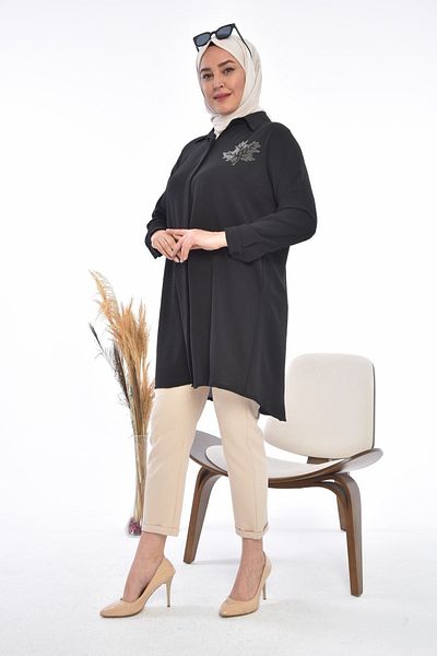 Ferace Cămașă Hijab Damă Plus Frunze Printed Marime Mari Negru