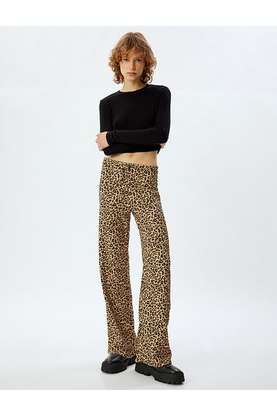 Koton Leopard Patterned Wide Leg Trousers with High Waist and Laces