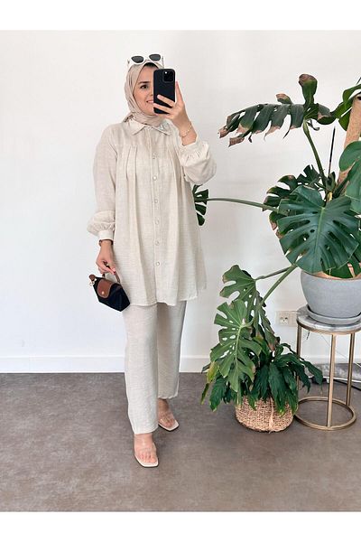 ASEL FASHİON Beige Color 100% Cotton Linen Set - Robe