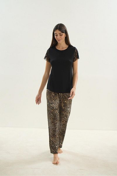 Sevim Costum de pijama negru din viscoză cu mânecă lungă pentru femei 16033