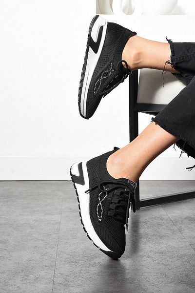 ShoeTek Pantofi de damă Luminita Tricoturi cu sireturi Pantofi sport cu piatra laterala neagră