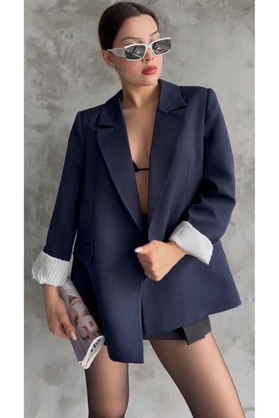 sabaamoda Jachetă blazer căptușită pentru femei cu mâneci în dungi și detaliu pliat