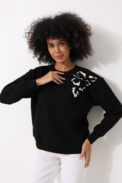 AMİDA Black Shoulder Laser Cut Flower Embroidery Detailed Crew Neck Oversize Women's Sweatshirt - 2448