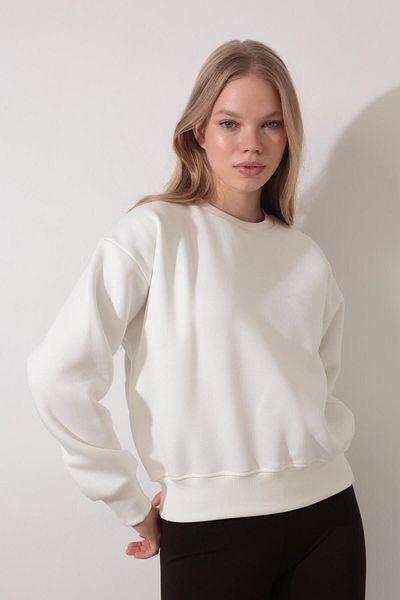 AMİDA Crew Neck Ecru Sweatshirt - Rose Embroidered Back, Model 2432