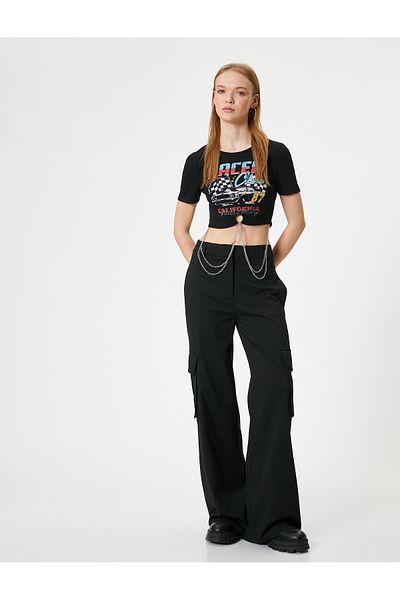 Koton Crew Neck Slim Fit Crop T-Shirt - Racing Themed Print and Chain Detail